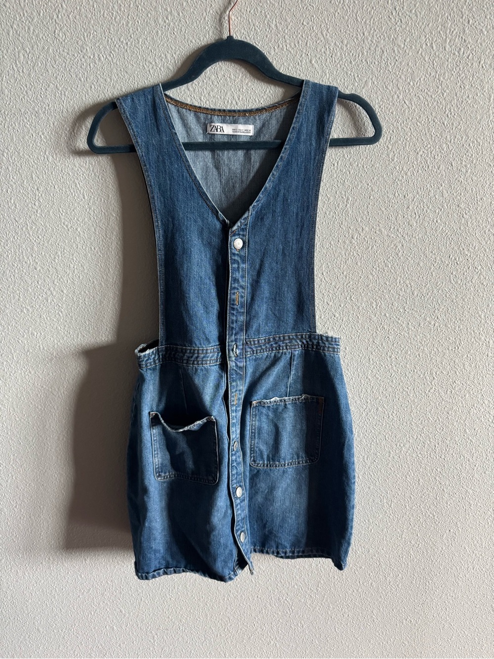 Zara Blue Denim Pinafore Dress with Front Pockets